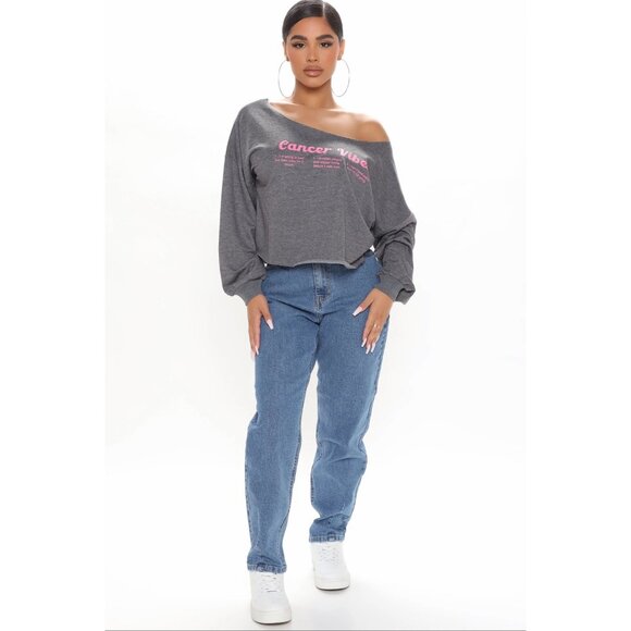 Fashion Nova ✦ Cancer Vibes Off‑Shoulder Top ✦ Charcoal Pink Zodiac Graphic S - Picture 3 of 4